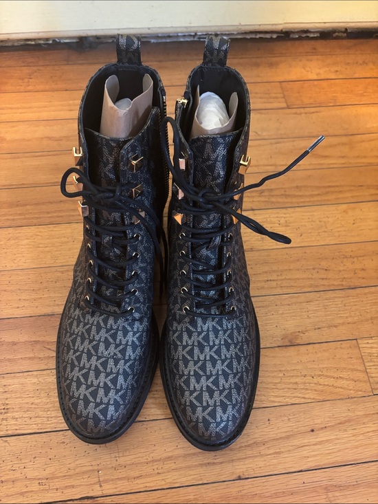 Michael Kors Shoes - Michael Kors Black and Gray MK Monogram Lace-Up Combat Boots